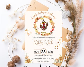 Editable Thanksgiving Baby Shower Invitation Template, Printable A Little Turkey Is On The Way Baby Shower Invite, Fall Baby Shower Invite