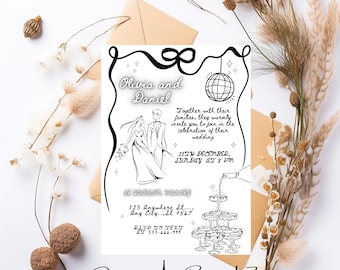 Editable Wedding Invitation, Printable Hand Drawn scribble Illustrated Invitation, Wedding Template Handwritten Invitation Canva Template