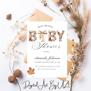 Bearbeitbare Babypartyeinladungsvorlage zum Verlieben, druckbare Herbst-Fallbär-Babypartyeinladung, geschlechtsneutrale Boho-Dusche einladen