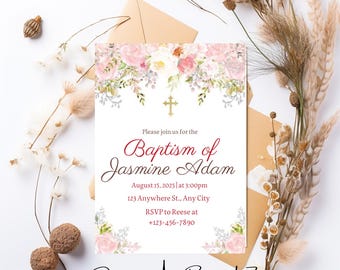 Wildflower Baptism Invitation Template, Printable Floral Baptism Invite, Girl Baptism Invitation, Dusty Pink Baptism, Christening Invite
