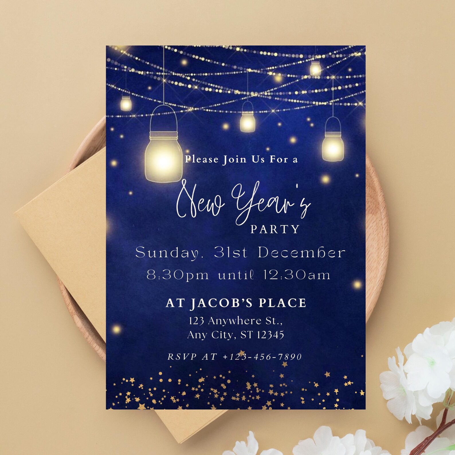 New Year's Eve Party Invitation Template Editable Blue & Gold New Year ...