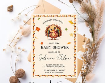 Editable Thanksgiving Baby Shower Invitation Template, Printable Turkey Baby Shower Invite, A Little Turkey Fall Baby Shower Invitation