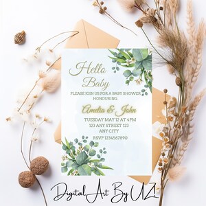 Editable Eucalyptus Baby Shower Invitation Template Greenery Eucalyptus Baby Shower Invite, Greenery Gender Neutral Baby Shower Canva Invite