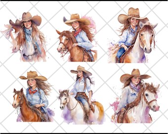 Watercolor Pastel Cowgirl Clipart, Wild Western PNG Digital Image Downloads for Card Making, Scrapbook, Junk Journal, Paper Crafts