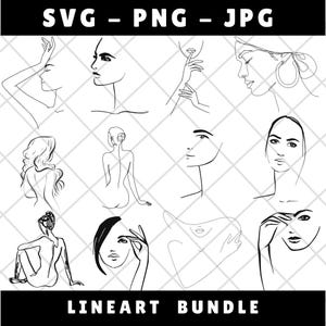以下が含まれることがあります： 女性の顔と体の線画イラスト10点セット。イラストは白黒で、ミニマルなスタイルです。デジタルまたは印刷プロジェクトでの使用に最適です。