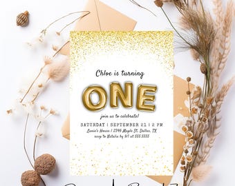 Editable Golden Birthday invitation, Printable Gold Glitter Birthday Invitation Golden Birthday Invite for Girls, 1st birthday invitation