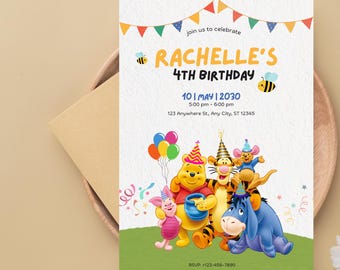 Editable Winnie The Pooh 4th Birthday Invitation, Classic Winnie Pooh Invitations; Neutral Winnie Pooh Turning 4, Winnie Pooh Birthday Party