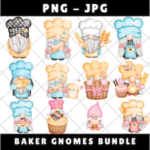 May include: A collection of watercolor illustrations of baker gnomes. Each gnome wears a chef's hat and apron, holding baking tools or treats. The gnomes have long beards and are in various colors, with the text "PNG - JPG" and "BAKER GNOMES BUNDLE" at the top and bottom.