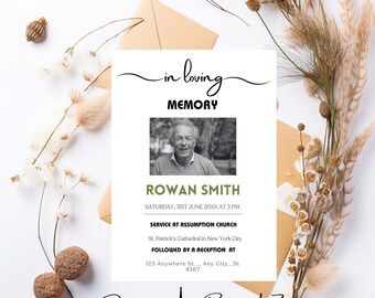 May include: A black and white photo of a man with a white beard and mustache. The photo is on a white background with the text "in loving memory" above the photo and "ROWAN SMITH" below the photo. The text below the name is "SATURDAY, 31ST JUNE 20XX AT 3 PM". The text below that is "SERVICE AT ASSUMPTION CHURCH" and "St. Patrick's Cathedral in New York City". The text below that is "FOLLOWED BY A RECEPTION AT" and "123 Anywhere St.... Any City...St 4567". The text at the bottom of the page is "Digital Art By UA".