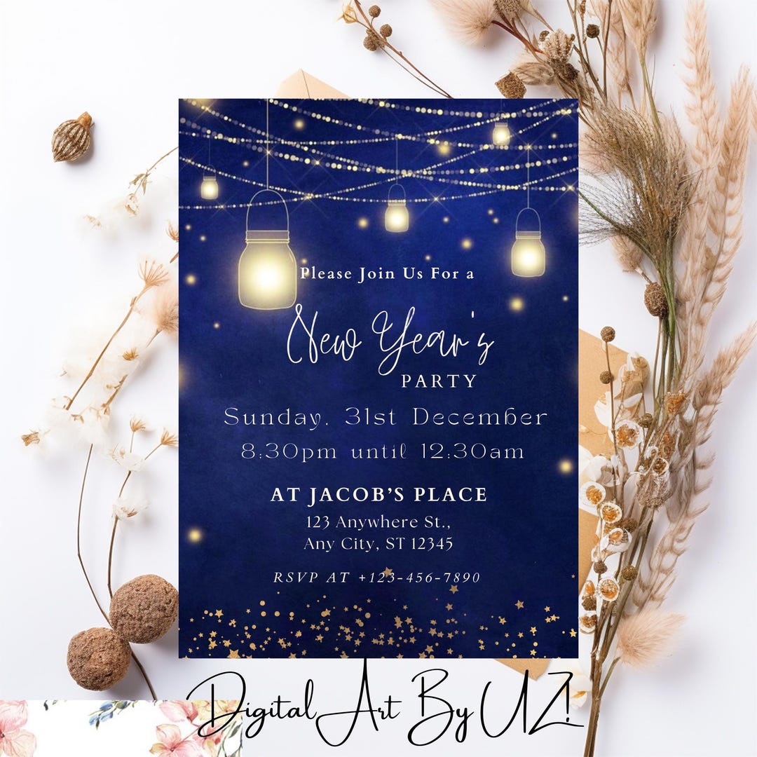 New Year's Eve Party Invitation Template Editable Blue & Gold New Year ...