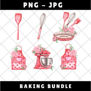 May include: A set of watercolor illustrations of baking supplies, including a red stand mixer, a red pie plate, a red whisk, a red spatula, and two red aprons with white polka dots and pink flowers.