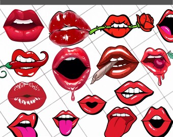 May include: A set of 12 digital illustrations of red lips in various poses, including lips with a cigarette, a chili pepper, a rose, and a cherry. The lips are all glossy and have a cartoonish style. The text "LIPS BUNDLE" is at the bottom of the image.