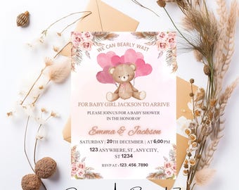 Baby Shower Invitation Stars Modern/Boho Teddy Bear Girls Baby Shower Invitation Template, Editable Printable Download