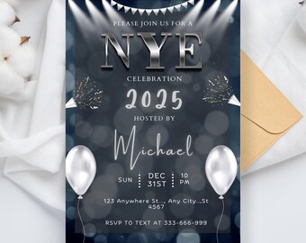 Peut inclure: Une invitation à une fête du Nouvel An de couleur bleue et argentée avec un motif de confettis argentés. L'invitation indique "Veuillez nous rejoindre pour une célébration du Nouvel An 2025  organisée par Michael  Dim. 31 déc. 22h00 123 Anywhere St... Any City... St 4567  Répondre par SMS au 333-666-999".