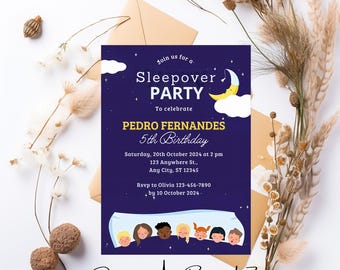 Editable Sleepover Birthday Invitation Template, Printable Slumber Party Invite, Girl Birthday Pajama Party Digital Download Canva