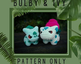 May include: Two crocheted figures of Bulbasaur and Ivysaur, in light blue and white, with red eyes and green and blue accents. The image includes the text "BULBY & IVY" and "PATTERN ONLY" with "FOX & FEY CROCHET" below.