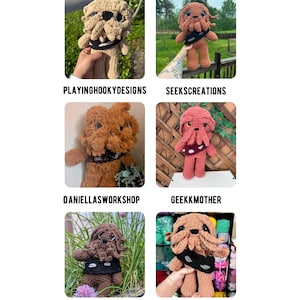May include: A collage of six crocheted plush toys, each resembling a creature with tentacles and a black band. The toys are in various colors, including tan, brown, and pink. The text "TESTER APPRECIATION!" is at the top, with Etsy shop names below each image.