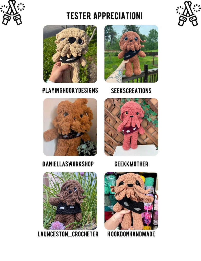 May include: A collage of six crocheted plush toys, each resembling a creature with tentacles and a black band. The toys are in various colors, including tan, brown, and pink. The text "TESTER APPRECIATION!" is at the top, with Etsy shop names below each image.