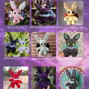 Puede incluir: Un collage de nueve figuras de conejitos de ganchillo hechas a mano en varios colores, incluyendo rosa, morado y rojo. Cada conejito tiene caracter&iacute;sticas &uacute;nicas y se muestra contra diferentes fondos. El texto "TESTER APPRECIATION" est&aacute; en la parte superior.