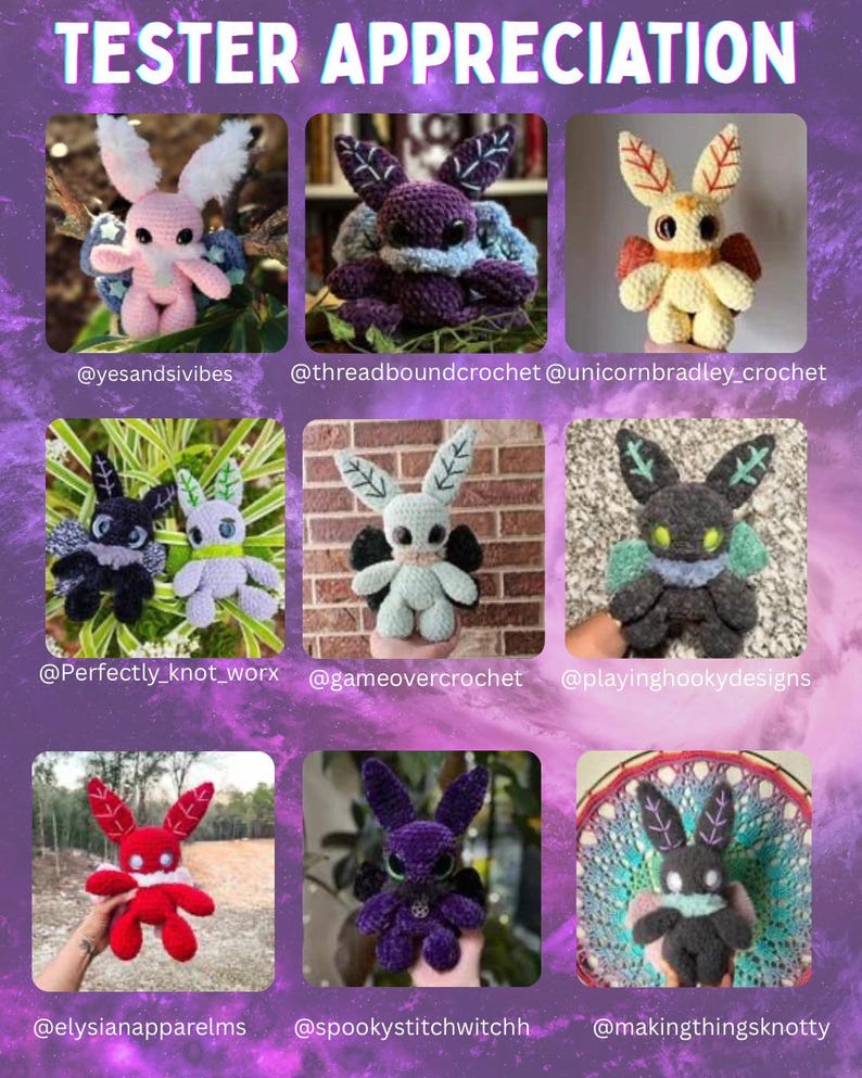 Puede incluir: Un collage de nueve figuras de conejitos de ganchillo hechas a mano en varios colores, incluyendo rosa, morado y rojo. Cada conejito tiene caracter&iacute;sticas &uacute;nicas y se muestra contra diferentes fondos. El texto "TESTER APPRECIATION" est&aacute; en la parte superior.