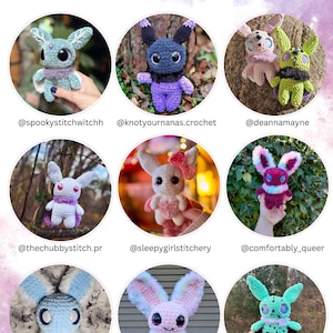 May include: Nine crocheted plushies in various colours and designs, including blue, green, pink, and purple. Each plushie has large eyes and a unique design. The plushies are arranged in a grid of three rows and three columns. The image includes the text "TESTER APPRECIATION!" at the top.