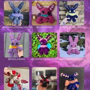 Puede incluir: Un collage de peluches de conejos hechos a mano con ganchillo en varios colores, incluyendo azul, morado, rosa y rojo. Cada conejo tiene caracter&iacute;sticas &uacute;nicas y se muestra sobre un fondo degradado p&uacute;rpura. El texto "TESTER APPRECIATION" est&aacute; en la parte superior.