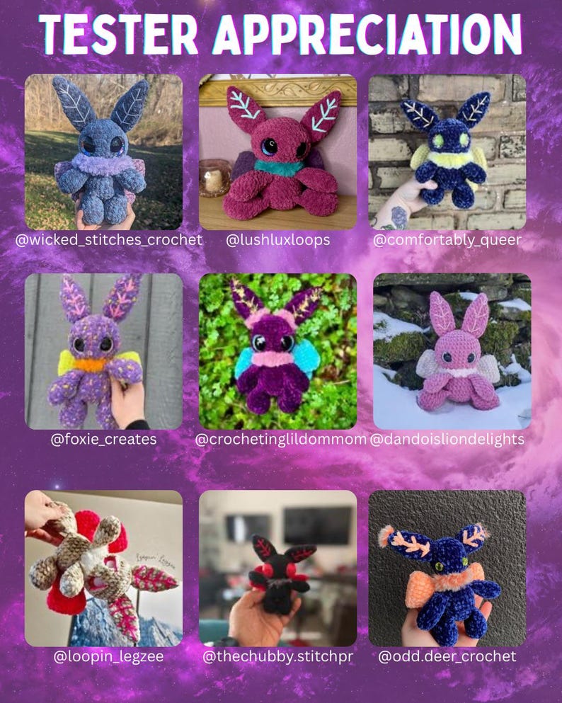 Puede incluir: Un collage de peluches de conejos hechos a mano con ganchillo en varios colores, incluyendo azul, morado, rosa y rojo. Cada conejo tiene caracter&iacute;sticas &uacute;nicas y se muestra sobre un fondo degradado p&uacute;rpura. El texto "TESTER APPRECIATION" est&aacute; en la parte superior.