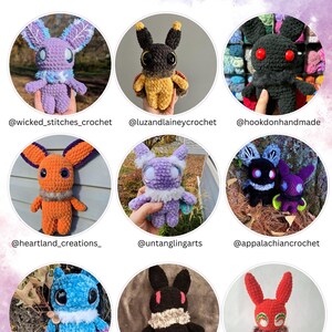 May include: A collage of nine crocheted plushies in various colours and designs. The plushies are arranged in a grid pattern and each one is surrounded by a white circle. The plushies are all different sizes and shapes, but they all have big eyes and cute expressions. The plushies are all made with different types of yarn, including fuzzy yarn, sparkly yarn, and textured yarn. The plushies are all very detailed and well-made. The plushies are all different colours, including purple, orange, blue, red, black, and white. The plushies are all very cute and cuddly.