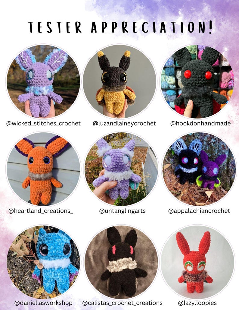 May include: A collage of nine crocheted plushies in various colours and designs. The plushies are arranged in a grid pattern and each one is surrounded by a white circle. The plushies are all different sizes and shapes, but they all have big eyes and cute expressions. The plushies are all made with different types of yarn, including fuzzy yarn, sparkly yarn, and textured yarn. The plushies are all very detailed and well-made. The plushies are all different colours, including purple, orange, blue, red, black, and white. The plushies are all very cute and cuddly.