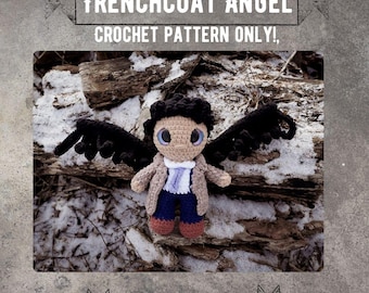 May include: Crochet pattern for a trench coat angel amigurumi doll. The doll is brown with blue jeans, a white shirt, and black wings. The doll is sitting on a log with snow in the background. The text "Trenchcoat Angel Crochet Pattern Only!" is at the top of the image. The text "Fox & Fey Crochet" is at the bottom of the image.