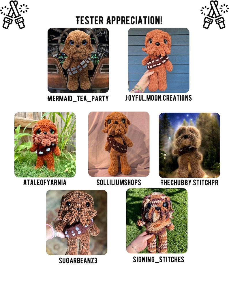 May include: A collection of handmade crochet plush toys, each resembling a character with a furry texture and a bandolier. The toys are in various shades of brown and tan, with different facial expressions. The text "TESTER APPRECIATION!" is at the top.