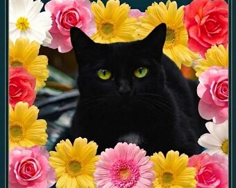 May include: A dark green rectangular sign featuring a black cat with green eyes surrounded by a border of pink, yellow, and white flowers. The text reads: PET READINGS, Psychic Connections for Living and in Spirit, Understand their thoughts & feelings | Closure for beloved pets in spirit.