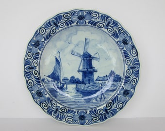 Delft Decor Holland Windmill Plates Blue and White Plates collectible Plates Holland Decor Sweden Decor Wooden Dock Stone Arch Bridge Etsy