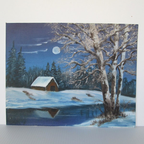 Original Art Winter Landscape Painting on Canvas - 11" x 14"