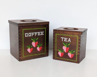 Vintage Coffee and Tea Wood Canisters - Strawberry Design