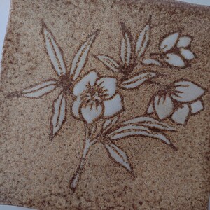 May include: Square ceramic tile with a floral design. The tile has a speckled, tan background with a brown outline of a flower and leaves. The flower petals are white. The tile is likely for home decor.