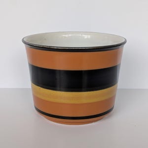 Vaso de cerâmica listrado para flores - Vintage anos 70, laranja, marrom e dourado.