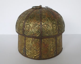 Trinket Treasure Dome Shaped Box - Embossed Brass Copper Covered Wood