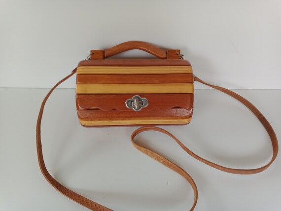 Boxy Wood Slat Shoulder Crossbody Bag Top Handle … - image 3