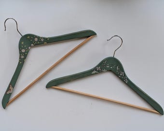 Hand Painted Green Floral Wood Clothes Hangers - Set of 2