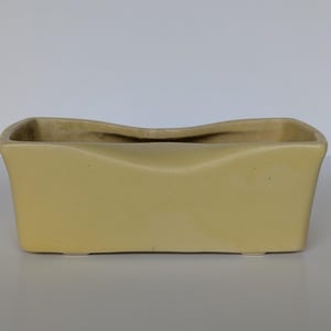 May include: A rectangular ceramic planter with a smooth, matte pale yellow finish. The vessel features a distinct undulating rim that dips in the centre of the long sides, creating a wave-like silhouette. The interior is hollow and open.