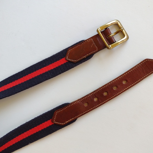 Dooney & Bourke Ladies Red and Navy Striped Woven Brown Leather Belt 26