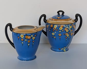 Meito Hand Painted China Creamer & Sugar Set - Blue Floral Lusterware