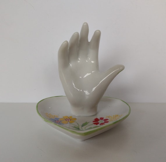 Hand Painted Floral Porcelain Ring Trinket Dish - Hand in Heart