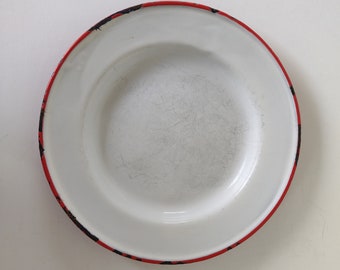 Swedish Enamelware - Red and White Enamel Plate - 8" diameter