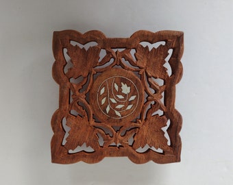Lovely Carved Wood Trivet with Inlay