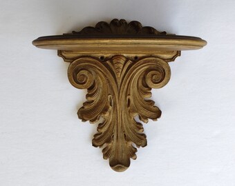 Lovely Small Carved Wood Shelf - Gold Brass Tone Ornate Syroco Wood