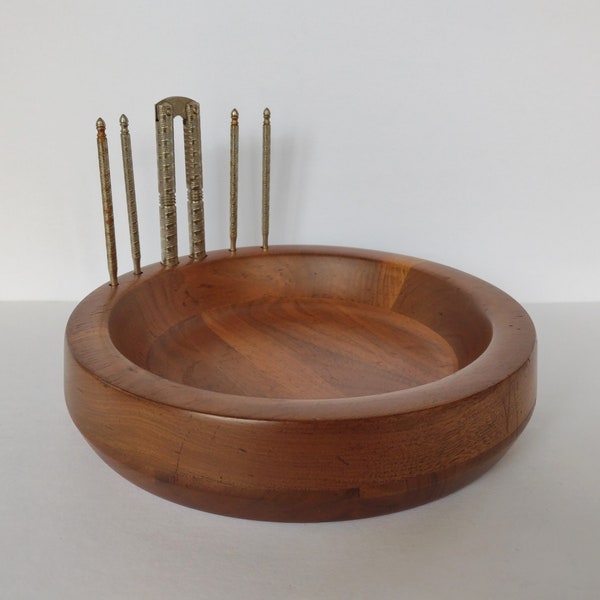 Solid Black Walnut Wood Nut Bowl with Cracker and Picks