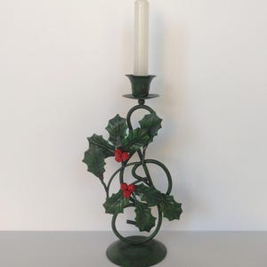 Green Holly Christmas Candle Holder with Red Jingle Bell Berries