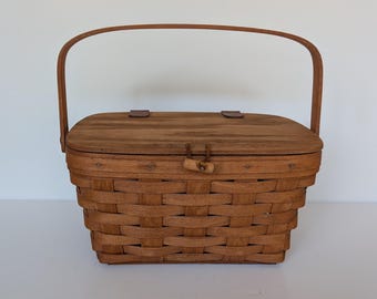 Longaberger Woven Basket with Leather - Small Picnic Lunch Handbag - marked & signed 1989